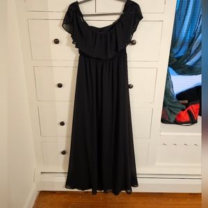 Black floor length, off the shoulder dress